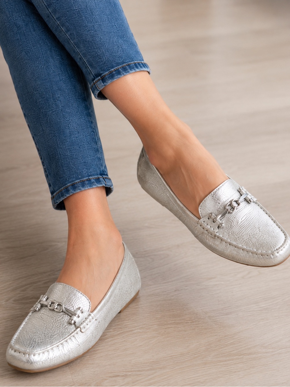 Geox Silver Metallic Chain-Trim Loafers New in box